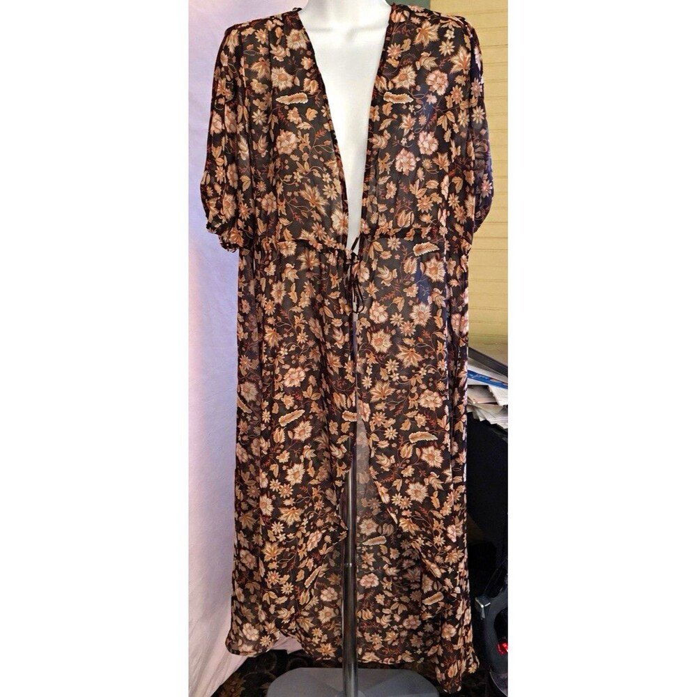 CURE Size L Sheer Floral High Low Maxi Duster Kimono Waist Tie Cover Up